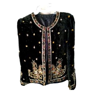 Custom- Hand Beaded, Velvet, single front hook, Formal, Jacket, sz Small